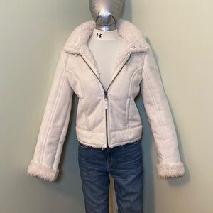 Guess White Bomber Jacket with Faux Fur Trim